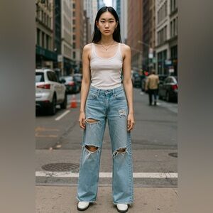 Zara High Waist Light Blue Distressed Straight Leg Jeans Size 6